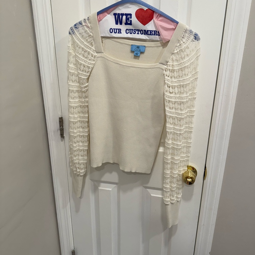 CeCe Cream Off-the-Shoulder Sweater with Lace Detail